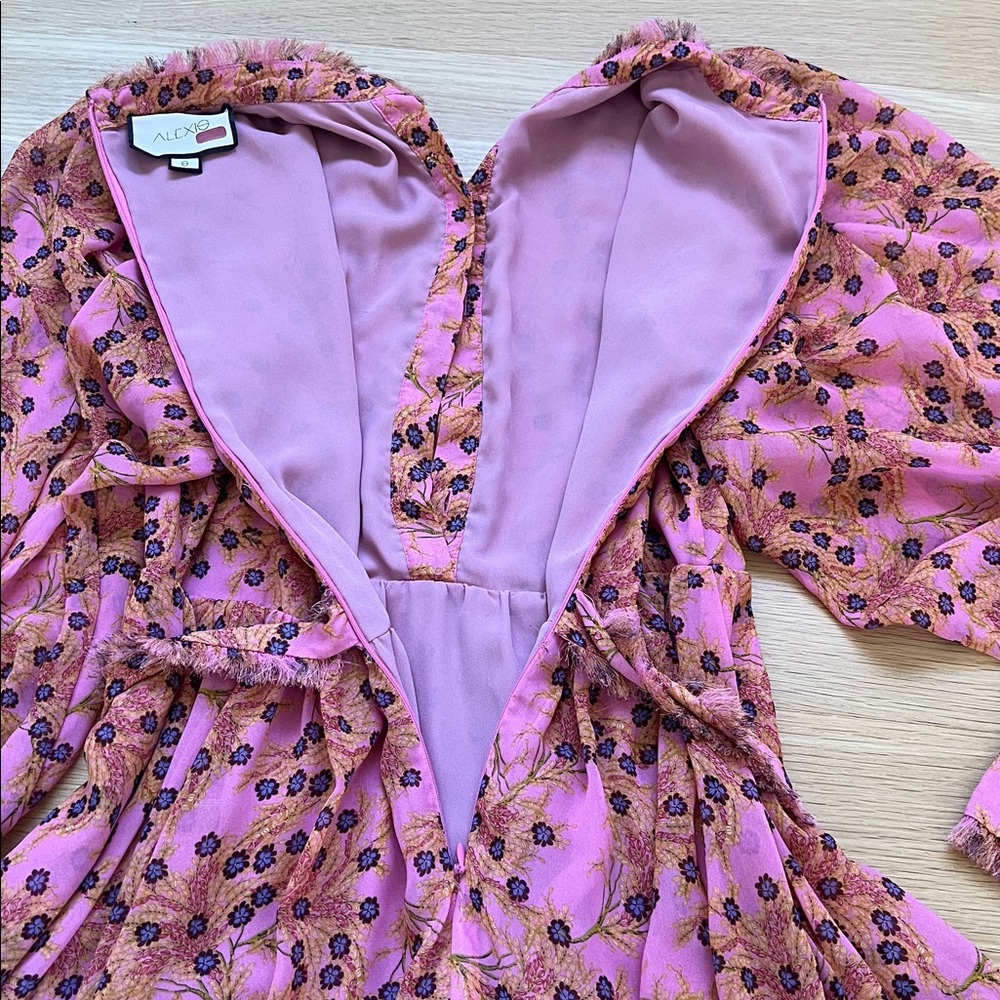 ALEXIS Karina Pink Floral Dress Ruffles Long Sheer Sleeves Size Small - Picture 12 of 12
